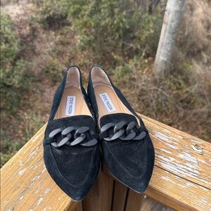 Steve Madden Black Suede Pointed Loafers with Matte Chain